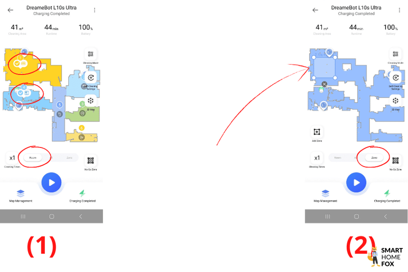 Single room cleaning and area cleaning are selected in the Dreame L10s Ultra app.